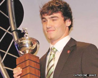 Liam Mahoney with the Peter Gorman Trophy at a ceremony in late November. He is the first Stinger ever to win the honour.